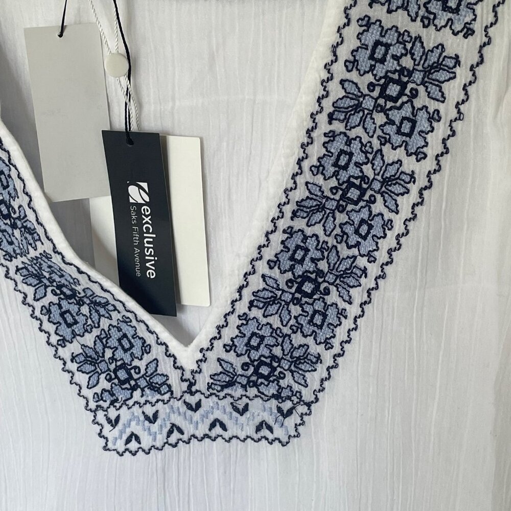 Joie Tunic Beach Dress Coverup M/L White V-Neck Blue Embroidered Cotton Summer - Picture 7 of 11